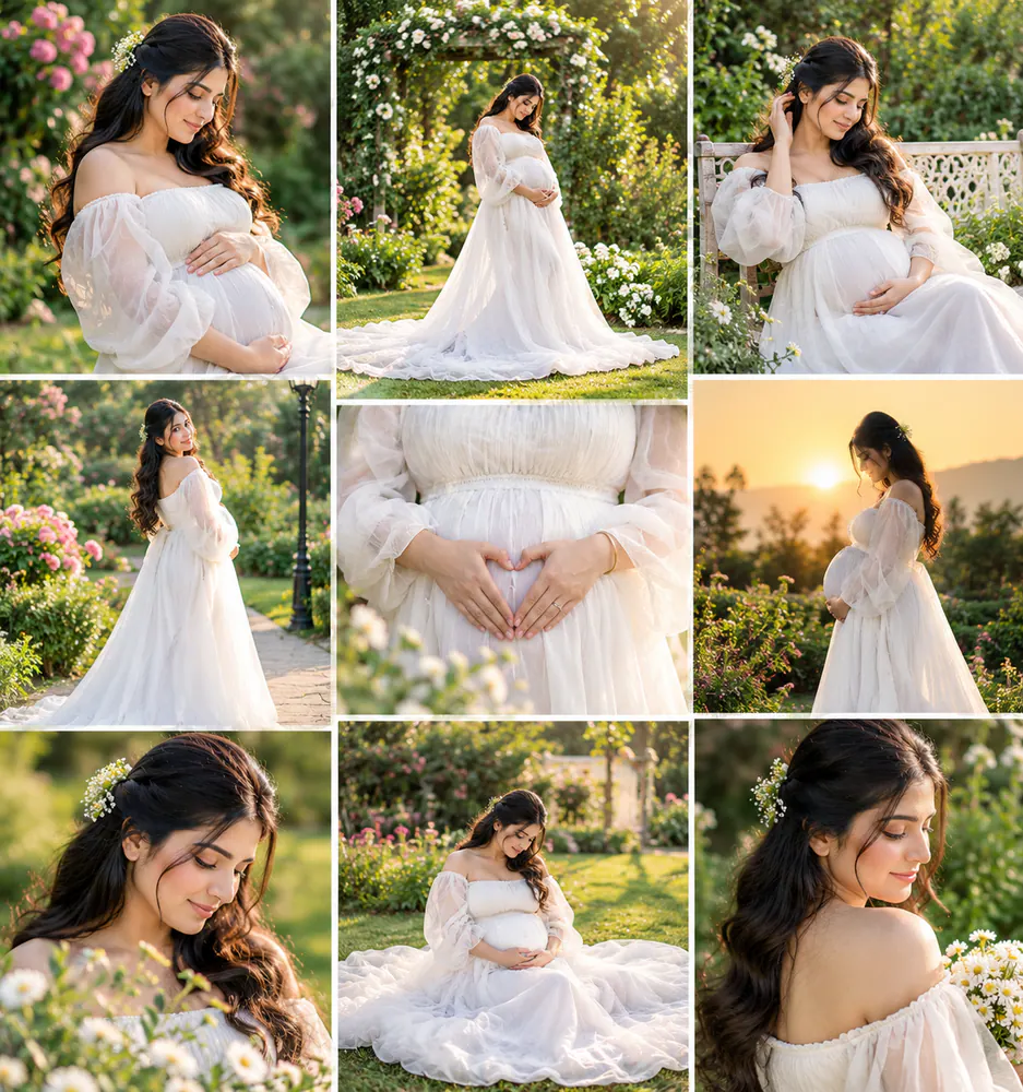 Maternity shoot collage in white gowns among roses and sunset light